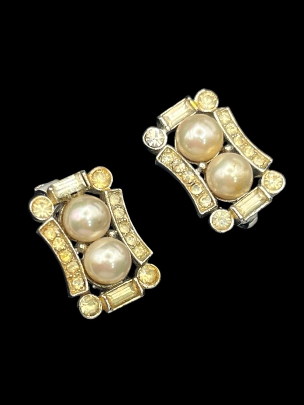 Vendome Art Deco style faux pearl rhinestone clip on silver tone earrings